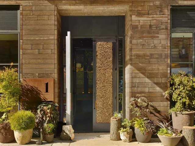 The entrance of a hotel with a wood-clad facade, a textured wooden door, and potted plants and tree stumps on the pavement.