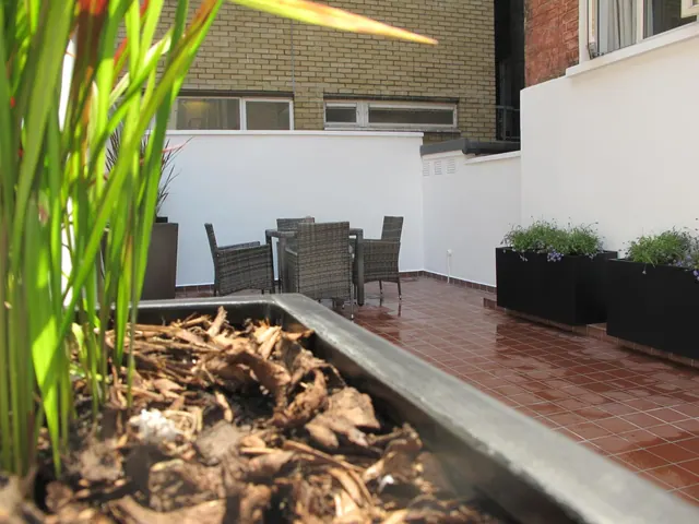 A tiled terrace with a wicker dining set, black planters with flowers, and white walls, with a brick building behind.