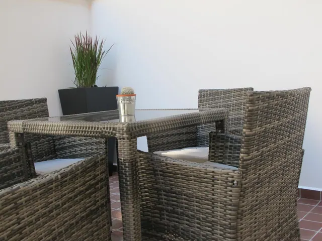 A wicker dining set with a glass table, a potted plant and a small cactus sits on a terracotta-tiled terrace against white walls.