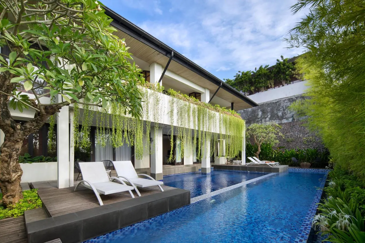 A long blue-tiled swimming pool with white sun loungers on a timber deck, beside a two-storey building with a hanging green vine canopy.
