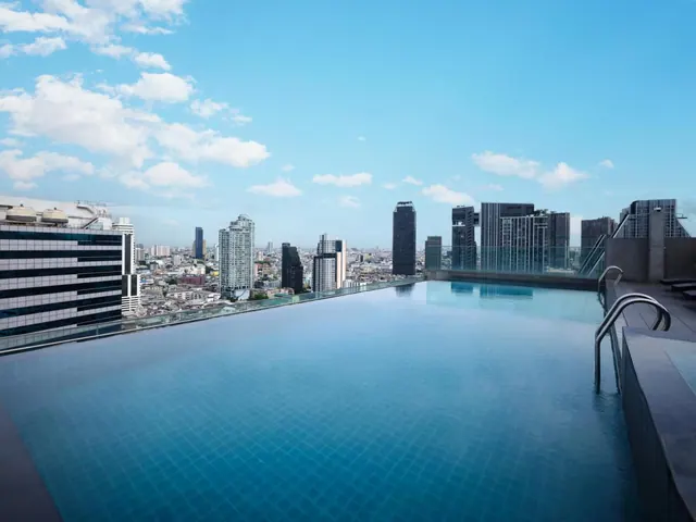 An infinity-edge rooftop pool overlooks a city skyline of high-rise towers under a partly cloudy blue sky.