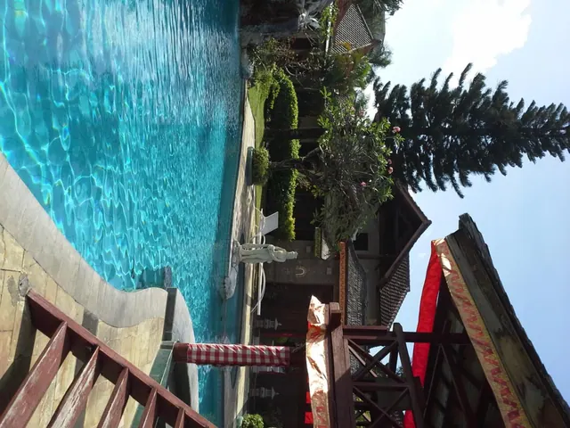 The photo, shown sideways, shows a turquoise pool with a stone edge and wooden railing, with plants, a tall conifer and a Balinese-style roof with red and gold trim beside it.