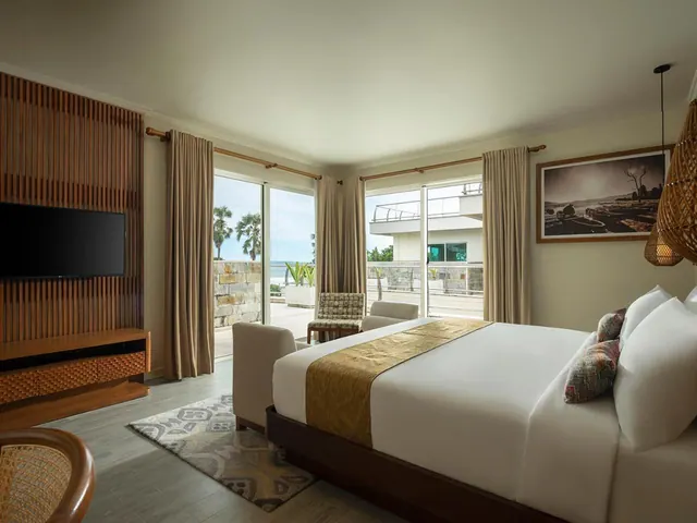 A bedroom with a large bed, a wall-mounted television, and sliding glass doors opening onto a terrace with palm trees and a view of the sea.