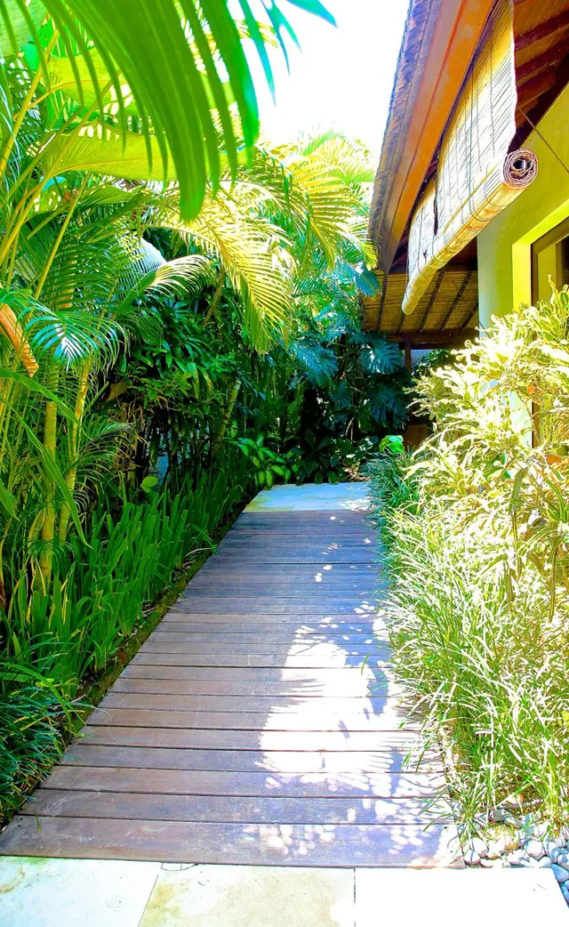 A wooden plank path runs between tall palms and tropical shrubs beside a building with a rolled bamboo blind.