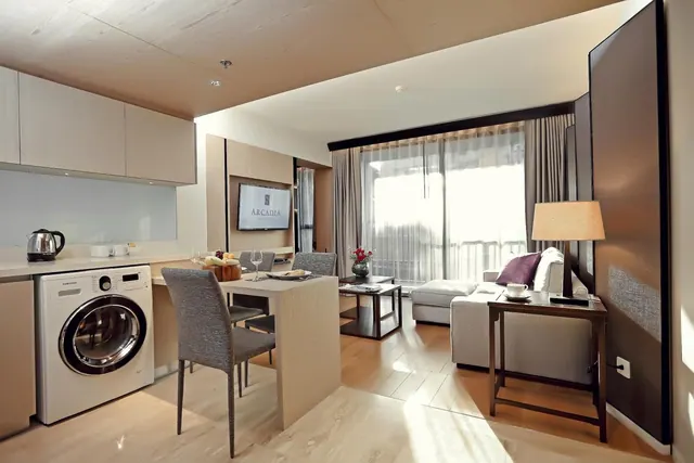 A furnished living and dining area with a washing machine and kettle on a kitchenette counter, a sofa by large windows, and a wall-mounted television.