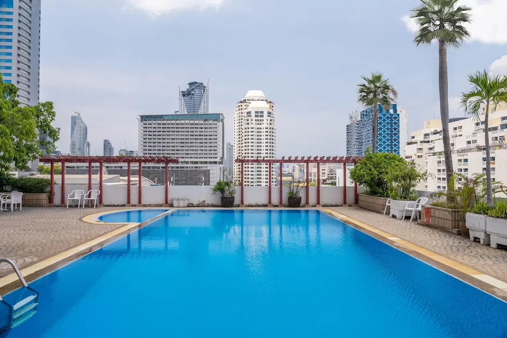 A rooftop swimming pool with white plastic chairs, pergolas and palm trees, with high-rise buildings of the city in the background.