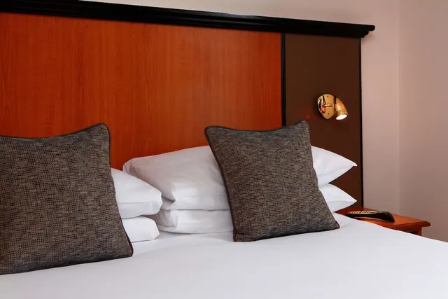 A made bed with white pillows and two dark textured cushions against a wooden headboard, with a wall light and a bedside table holding a remote control.
