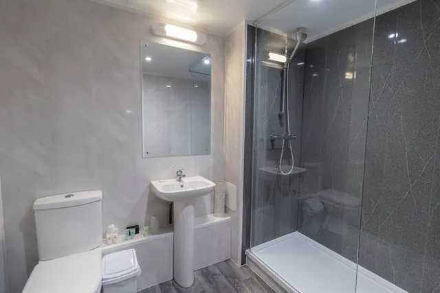 A bathroom with a toilet, a pedestal sink with a wall mirror, and a walk-in shower with a glass screen and wall-mounted shower head.