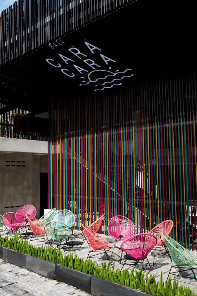 Exterior of the CARA CARA venue with a colourful vertical-rod facade, multicoloured woven chairs on an outdoor patio, and a row of plants in planter boxes.