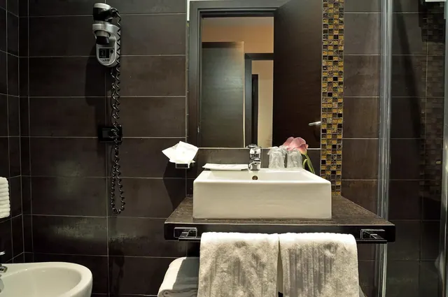 A bathroom with a vessel sink on a dark wooden counter, white towels hanging beneath it, a white bidet at left and a wall-mounted hair dryer on the tiled wall.