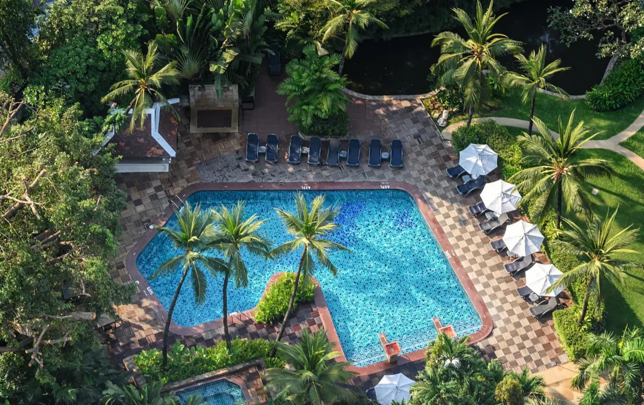 Aerial view of a swimming pool surrounded by palm trees, sun loungers with white umbrellas, and a tiled pool deck.