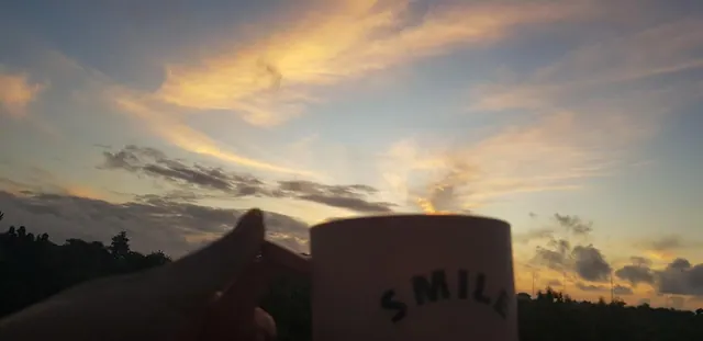 A hand holds a mug printed with the word SMILE in front of a sunset sky above silhouetted trees.
