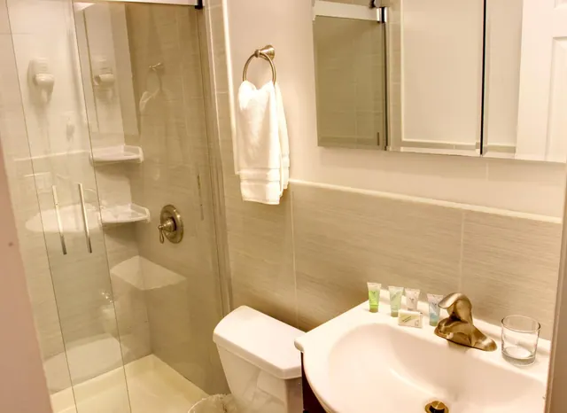A bathroom with a glass-enclosed walk-in shower, a white toilet, a sink with a gold faucet and small amenity tubes, and a white towel hanging on a ring.