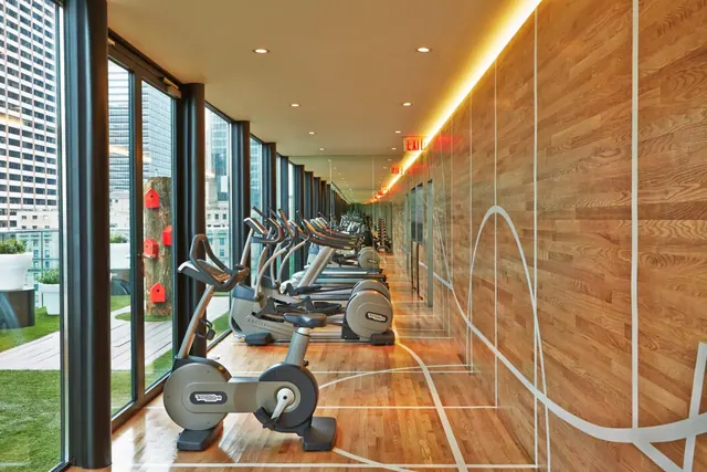 A gym with rows of exercise bikes and cardio machines along a wood-paneled wall with painted court lines, beside floor-to-ceiling windows showing city buildings.