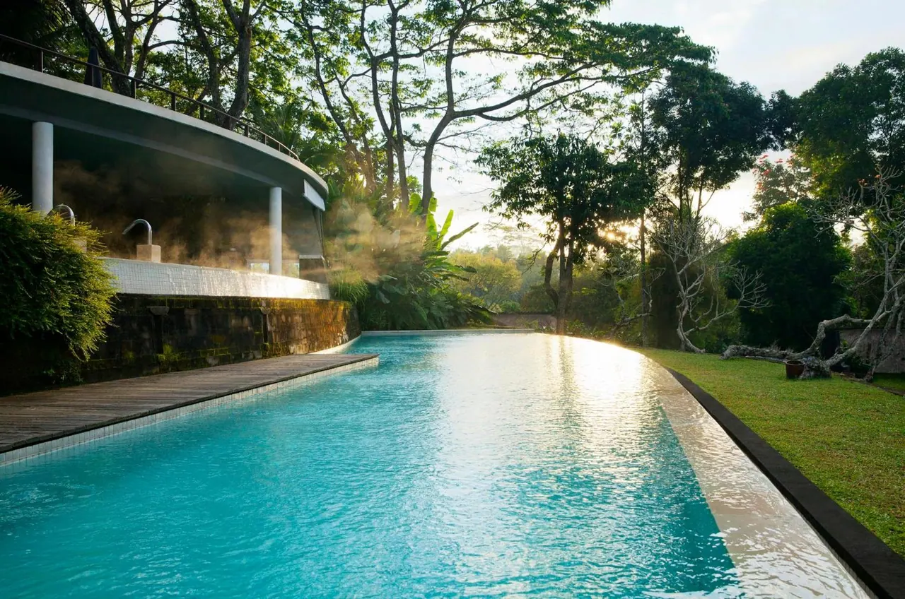 A long turquoise lap pool runs beside a wooden deck and a curved building, with a lawn and tall trees beyond.