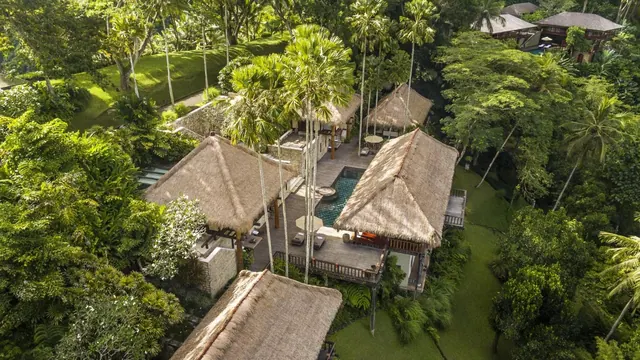 Aerial view of a thatched-roof villa complex with a small pool, sun loungers and palm trees surrounded by dense jungle.