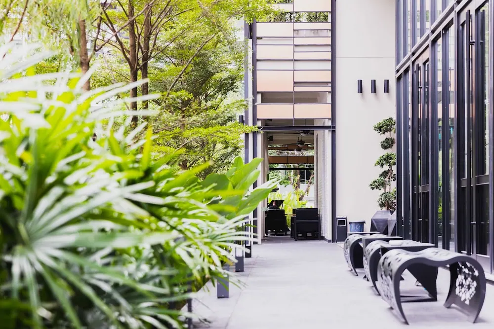 A covered outdoor walkway lined with tropical plants and trees runs past black metal benches toward a lounge seating area.