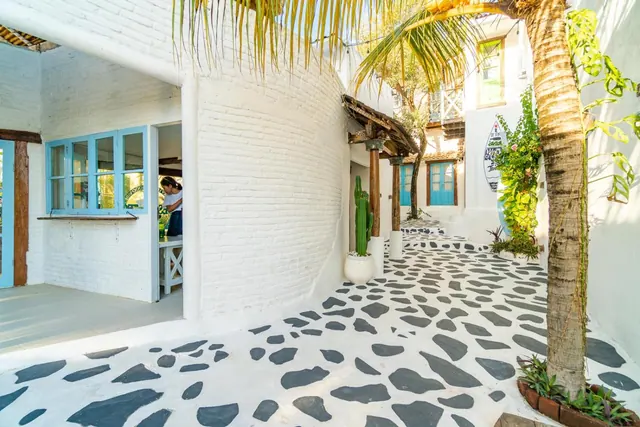 A whitewashed courtyard with a black-and-white stone pavement, a palm tree, a cactus in a white pot, and a person standing in a doorway with blue window frames.