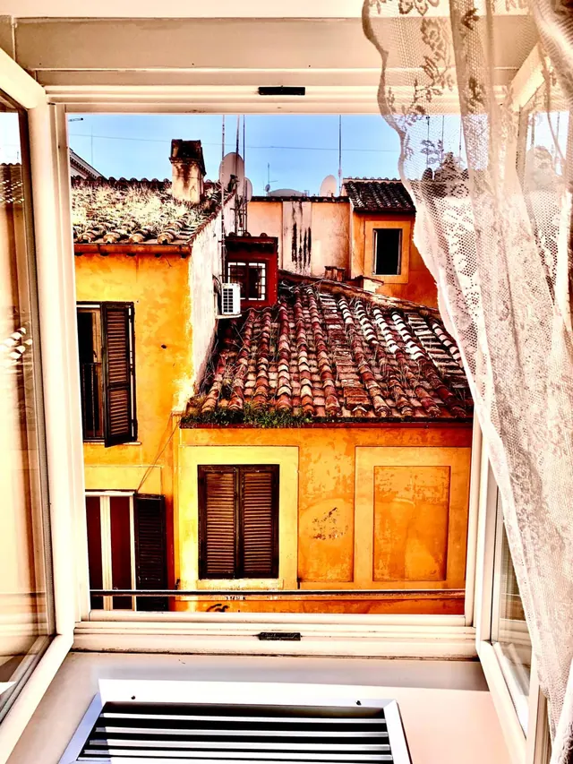 A view through an open window with a lace curtain onto neighbouring orange buildings, terracotta roof tiles and rooftop antennas under a clear sky.