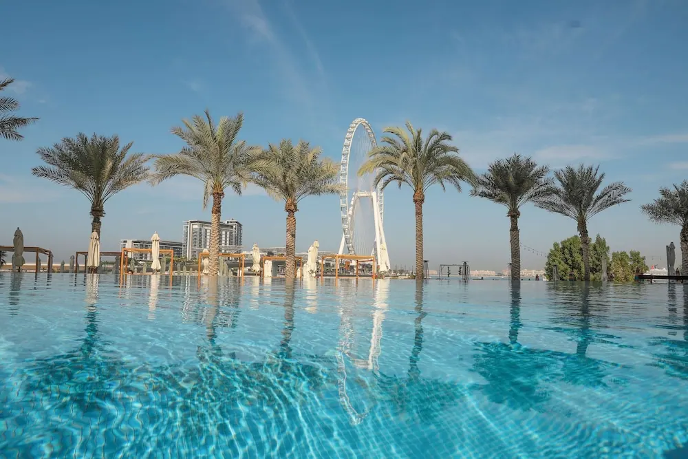 An infinity-edge swimming pool with palm trees and cabanas, with the Ain Dubai observation wheel visible in the background.