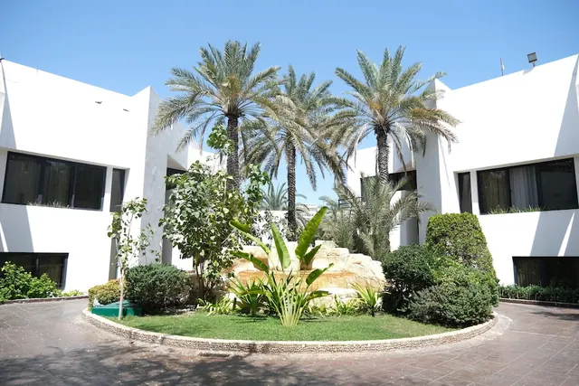 A paved courtyard with palm trees, shrubs and a rock feature around a central grass island, flanked by white buildings with dark windows.