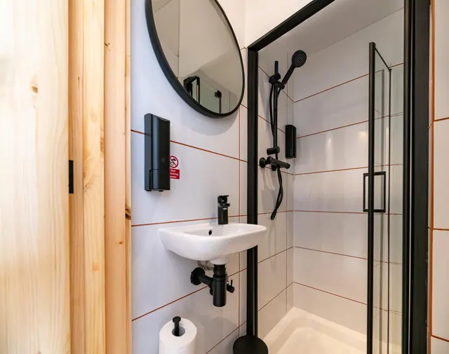 A bathroom with a wall-mounted basin, a round black-framed mirror, and a walk-in shower with a glass screen and handheld shower head.