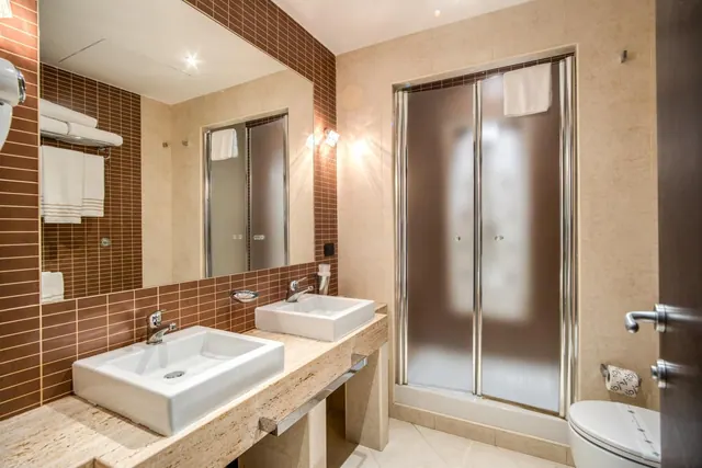 A bathroom with two rectangular basins on a stone counter, a frosted glass shower enclosure, and a toilet at the right edge of the frame.