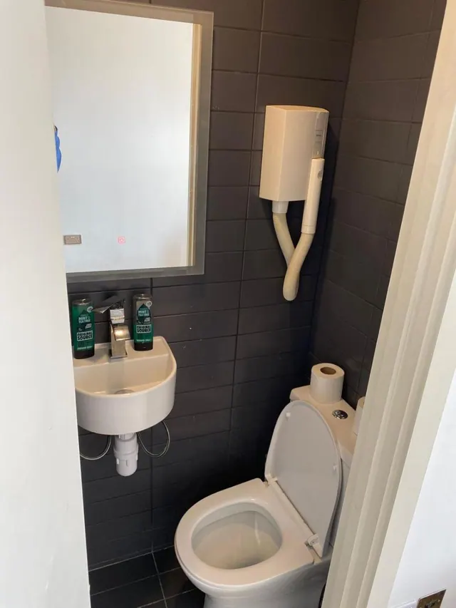 A small bathroom with dark tiled walls, a wall-mounted hair dryer, a compact wash basin with a mirror above, and a toilet with the lid up.