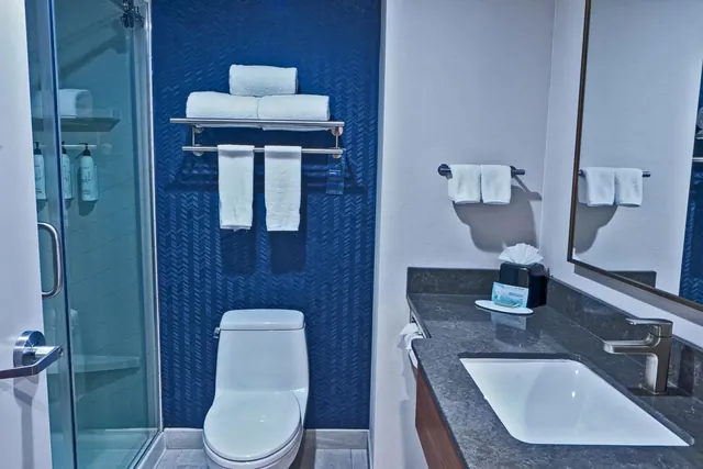 A bathroom with a glass-walled walk-in shower, a blue herringbone accent wall, a toilet, and a single undermount sink with a dark stone countertop.