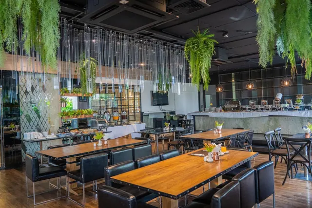 A restaurant dining room with wooden tables, black leather chairs, hanging ferns and a buffet counter in the background.