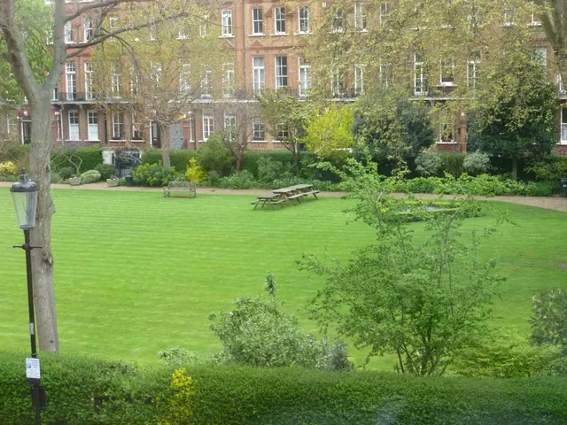 A neat lawn with a wooden bench and picnic table in a garden square, backed by brick terraced houses and trees, seen past a hedge and a lamp post.