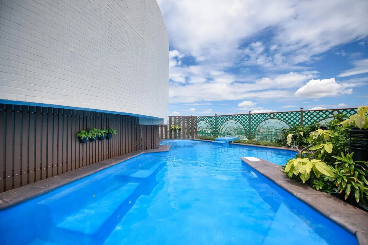A long blue rooftop swimming pool beside a white tiled curved wall, a wooden slat wall, potted plants and a green lattice railing, under a partly cloudy sky.