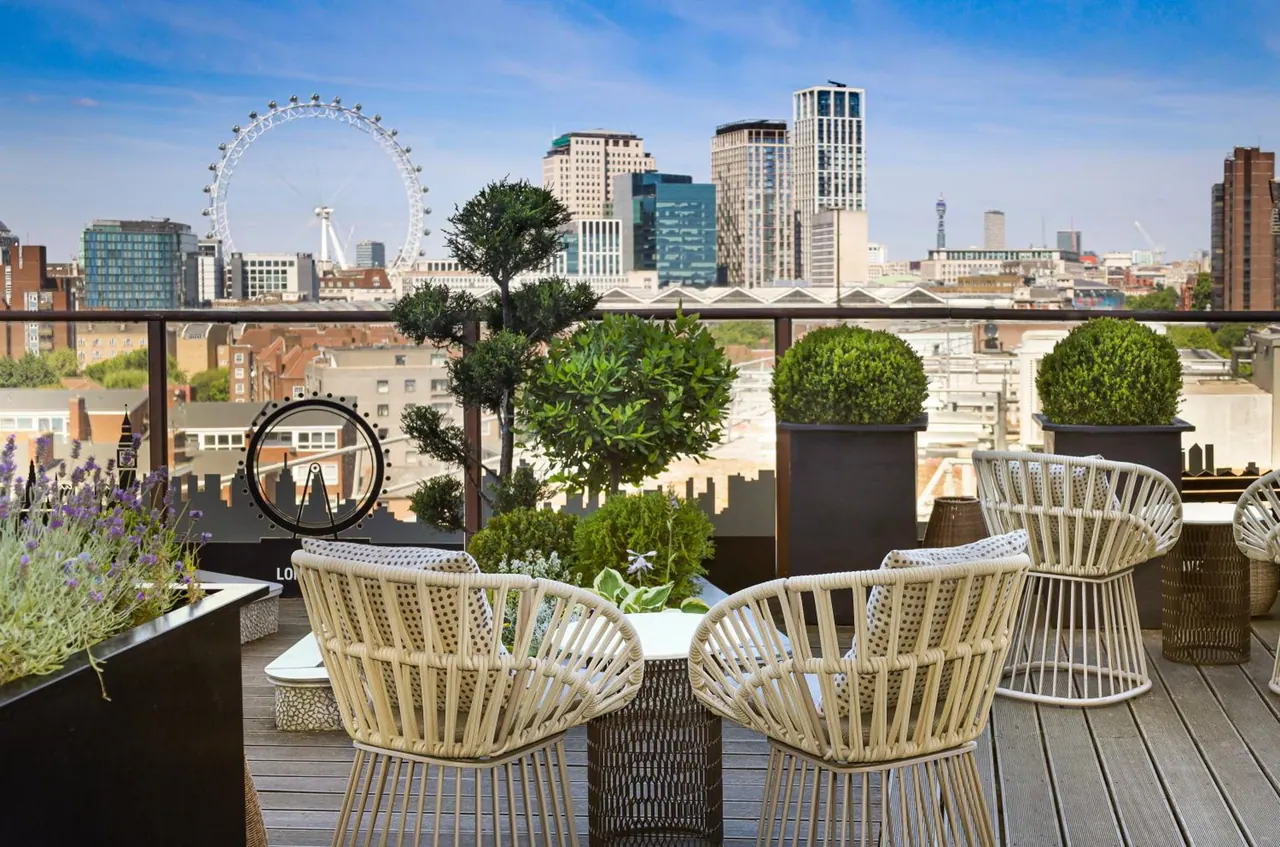 A rooftop terrace with wicker chairs and tables, potted shrubs and lavender, overlooking the London Eye and city buildings.
