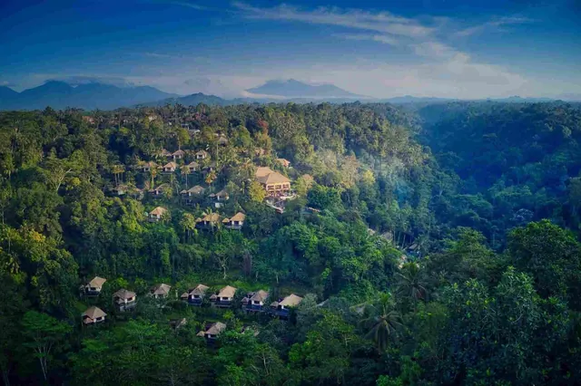 Aerial view of a hillside resort with thatched-roof villas among dense tropical forest, with mountains on the horizon.