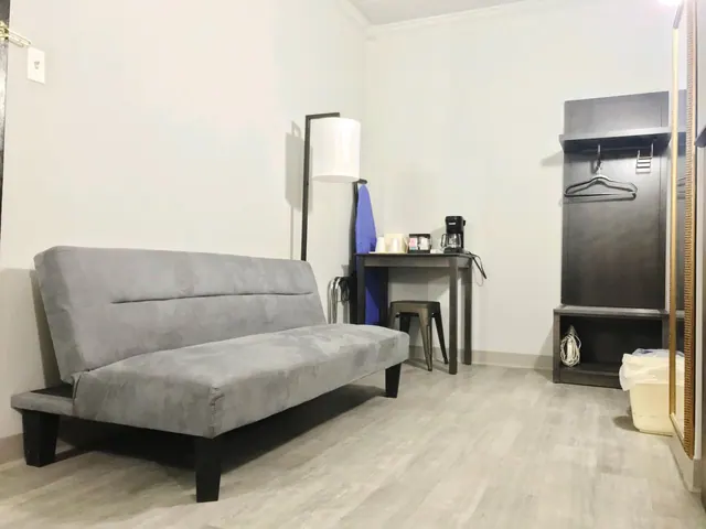 A grey sofa bed, a floor lamp, a small side table with a coffee maker and kettle, and a dark wall storage unit with a mirror beside it in a plain room.