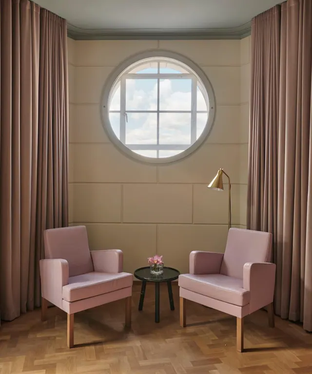 Two pink armchairs sit either side of a small round table beneath a circular window showing sky and clouds, with a brass floor lamp beside them.