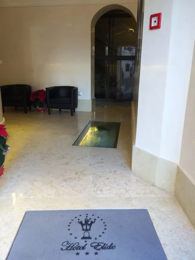A marble-floored entrance lobby with two black armchairs, a potted red poinsettia, an arched glass door and a grey doormat printed with the Hotel Elide logo.
