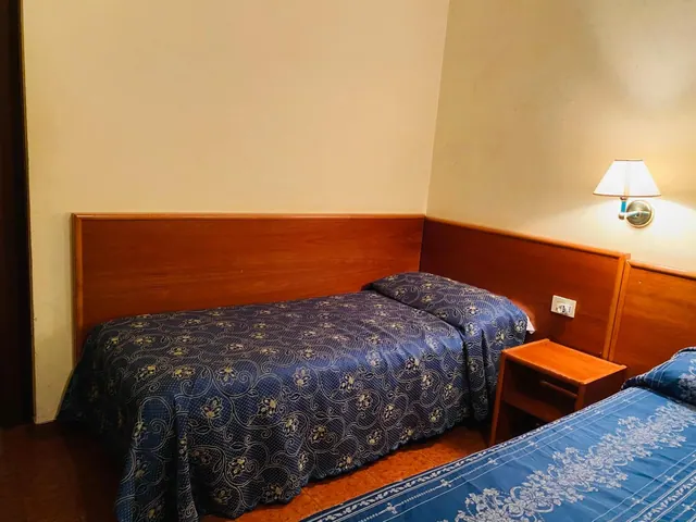 A hotel bedroom with two single beds under blue patterned bedspreads, wooden headboards, a bedside table and a wall lamp.