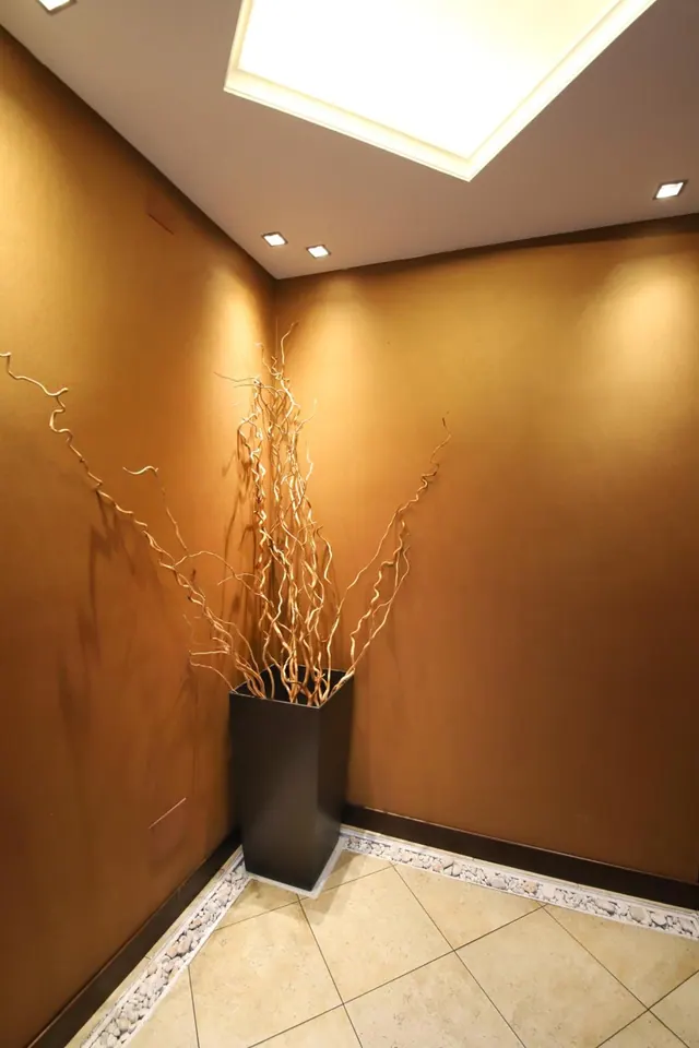 A dark planter holding dried curly branches stands in the corner of a warm ochre-walled hall with a tiled floor and recessed ceiling lights.