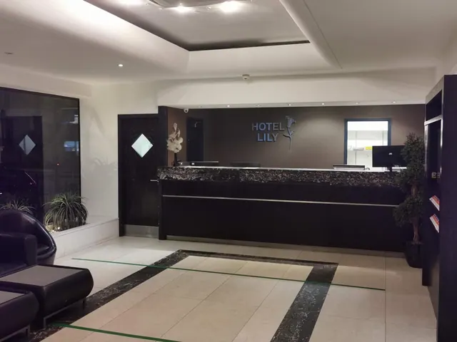 A hotel lobby with a dark marble-topped reception desk, a HOTEL LILY sign on the wall behind it, a leather armchair and ottoman on the left, and a tiled floor with a dark border.
