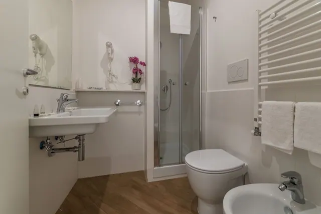 A white bathroom with a wall-hung sink, a glass-door shower, a toilet and a bidet, a heated towel rail with towels, and a pink orchid on a shelf.