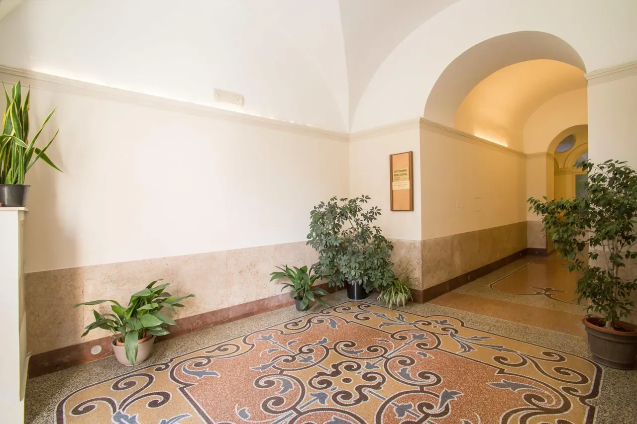 A vaulted entrance hall with potted plants and an ornate patterned floor leads through an arched opening into a further passage.