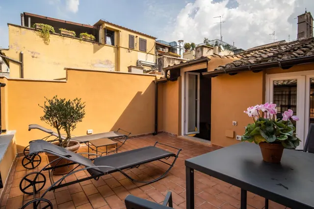A rooftop terrace with terracotta tiles, two sun loungers, an olive tree in a pot and a pink flowering plant on a dark table, with neighbouring buildings behind.