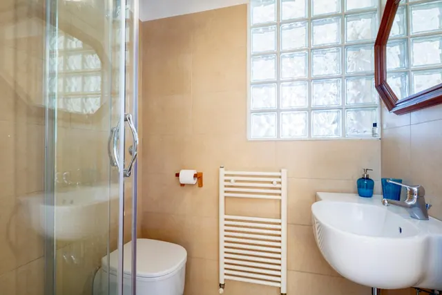 A bathroom with a glass-enclosed shower, a wall-hung sink with a single tap, a heated towel rail, a toilet and a glass block window.