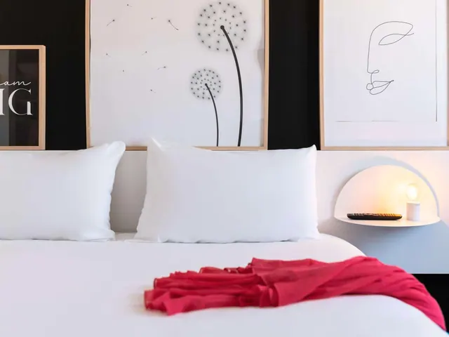 A neatly made bed with white pillows, framed artwork, a red throw, and a wall-mounted television remote on a side shelf.