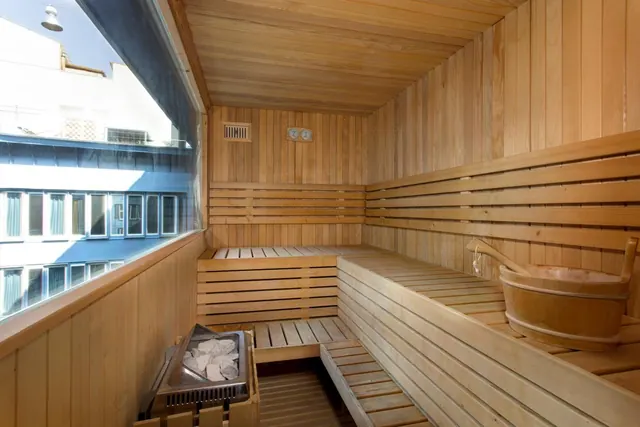 A wooden sauna cabin with slatted benches, a heater filled with stones, a wooden bucket with ladle, and a window looking onto a neighbouring building.