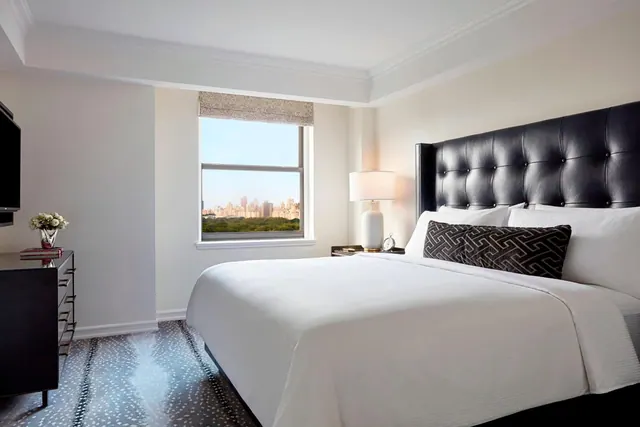 A bedroom with a king bed, a black tufted leather headboard, a dresser and a window looking out over green trees toward a city skyline.
