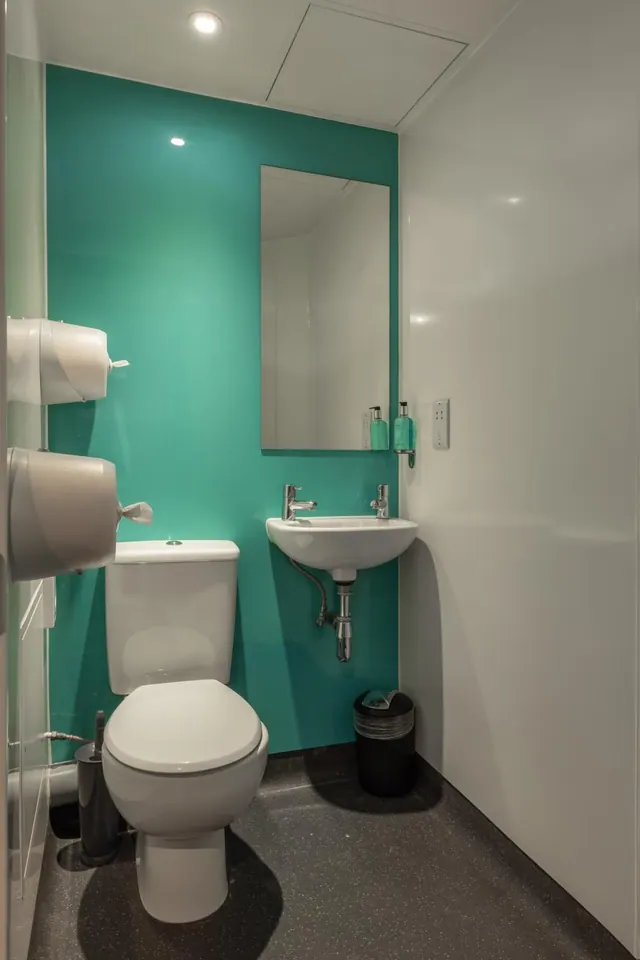 A small bathroom with a teal wall, a white toilet, a wall-mounted sink with a mirror above it, paper dispensers on the left wall and a black bin on the grey floor.
