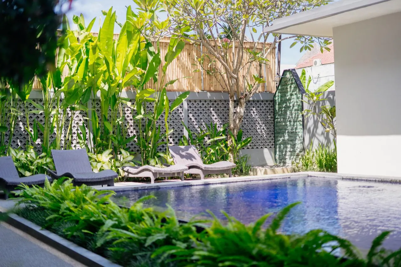 A small swimming pool with two sun loungers and tropical plants along its edge, beside a white building wall.