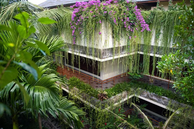 A multi-level building exterior draped with cascading green vines and purple bougainvillea, with palm trees and tropical plants in the foreground.